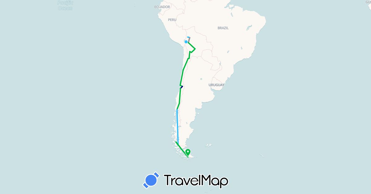 TravelMap itinerary: driving, bus, plane, boat in Argentina, Bolivia, Chile (South America)
